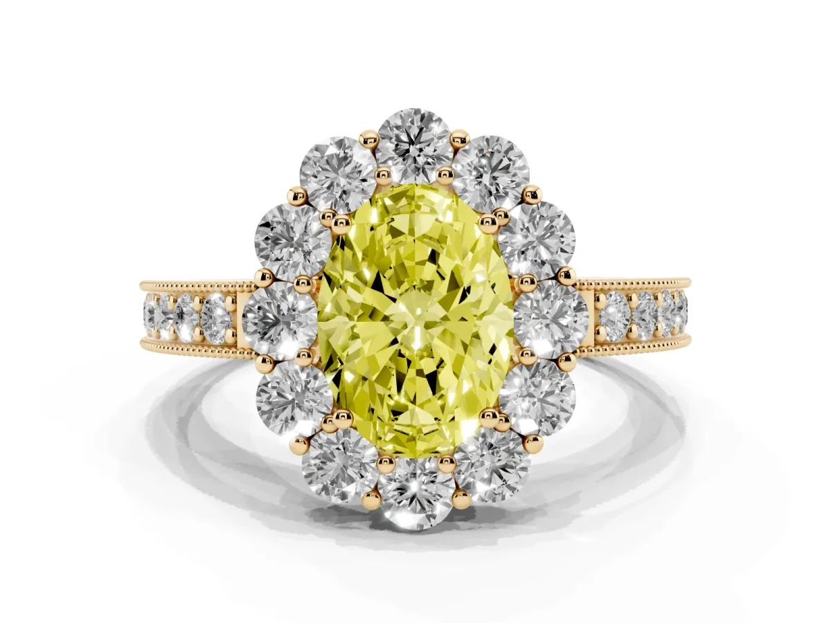 Fancy Yellow Oval Cut Cut Halo Diamond Pavé Engagement Ring with Milgrain Detailing Yellow gold
