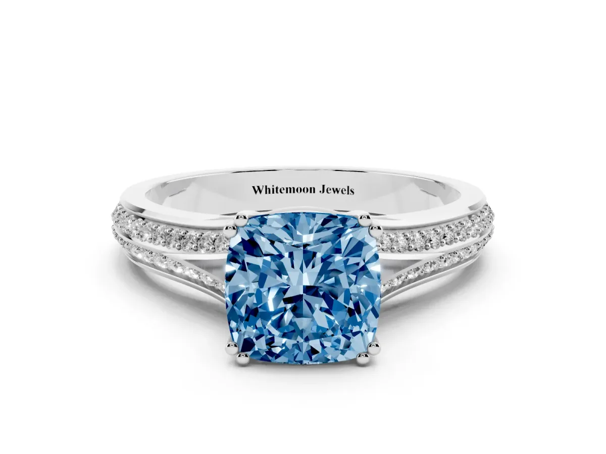 Fancy Blue Cushion Cut Diamond Split Shank Engagement Ring with Pavé Band Silver