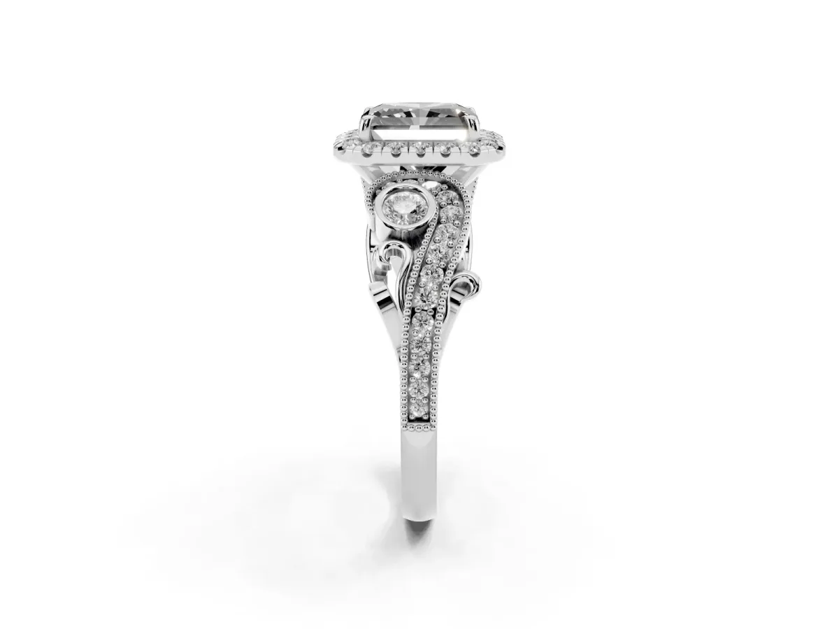 Fancy Black Radiant Cut Halo Diamond Ring with Milgrain and Bezel Accents on a Split Shank Band Silver