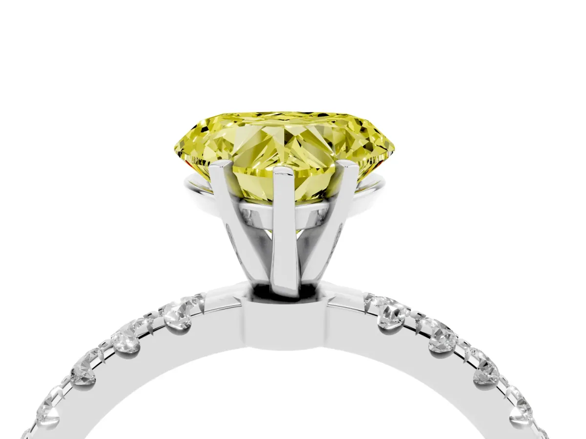 Fancy Yellow Heart Cut Diamond Solitaire Ring with Pavé Accents and Four-Prong Setting Platinum