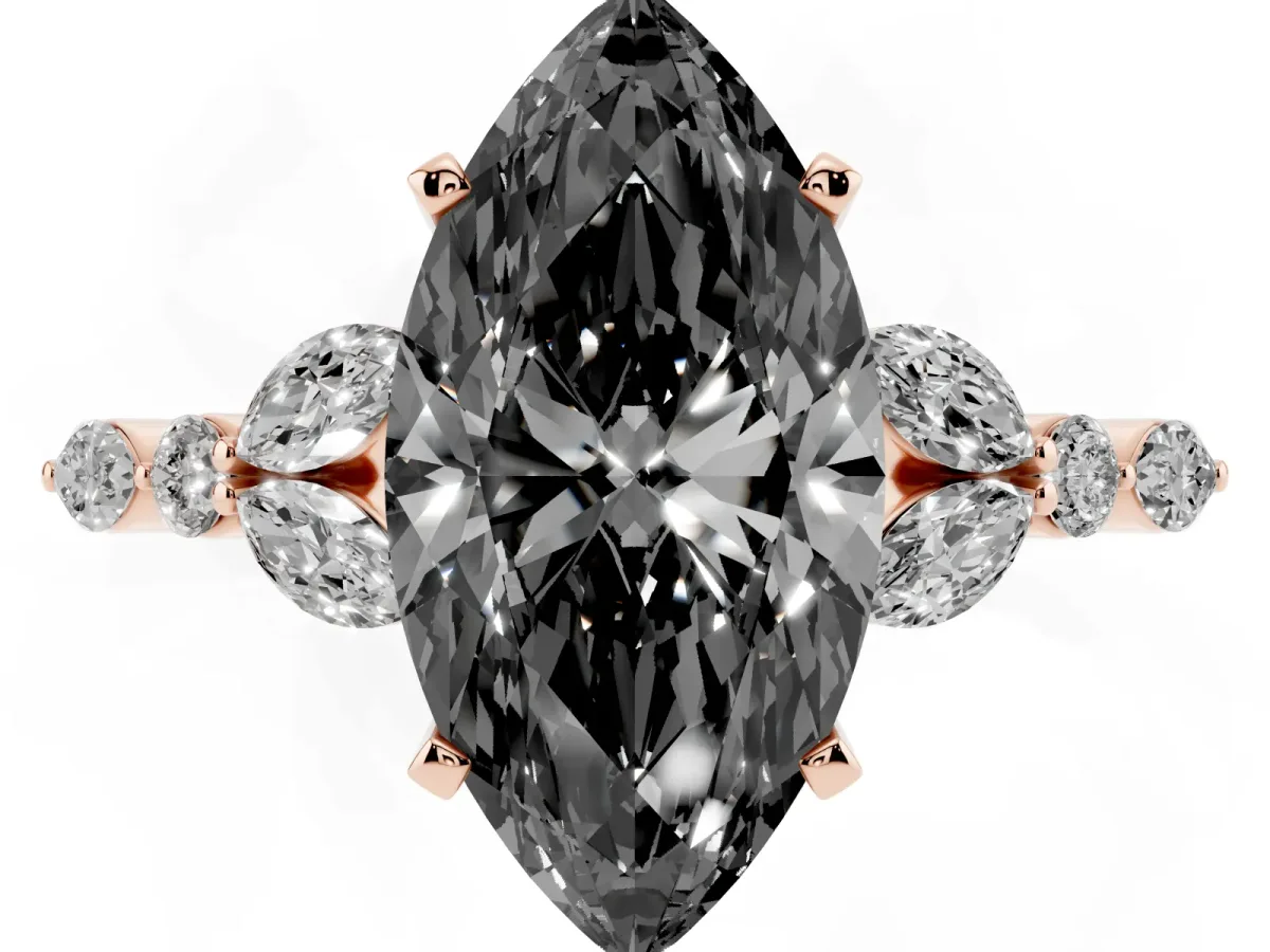 Fancy Black Marquise Cut Diamond Solitaire Ring with Side Stones and Four-Prong Setting Rose gold