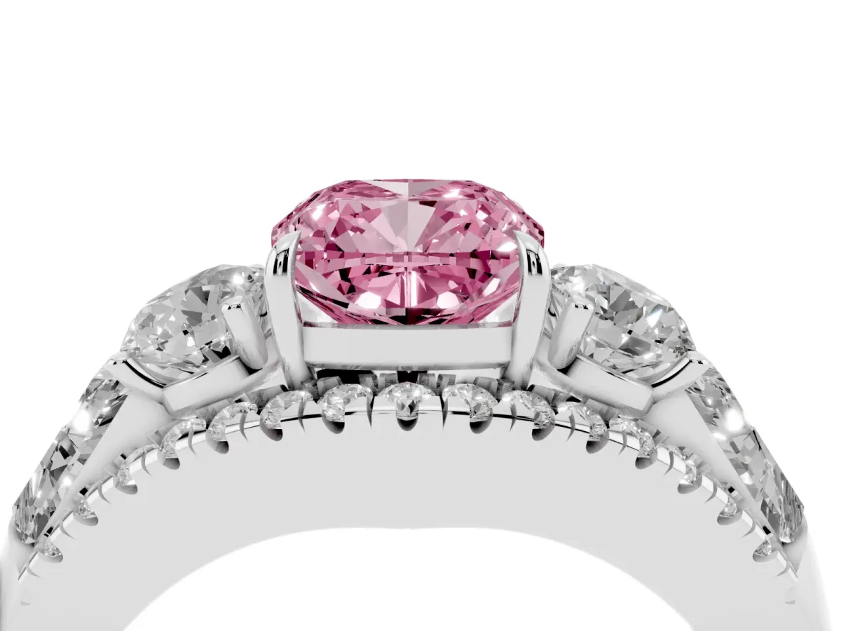 Fancy Pink Three-Stone Cushion Cut Diamond Engagement Ring with Pave Band and Prong Setting Silver