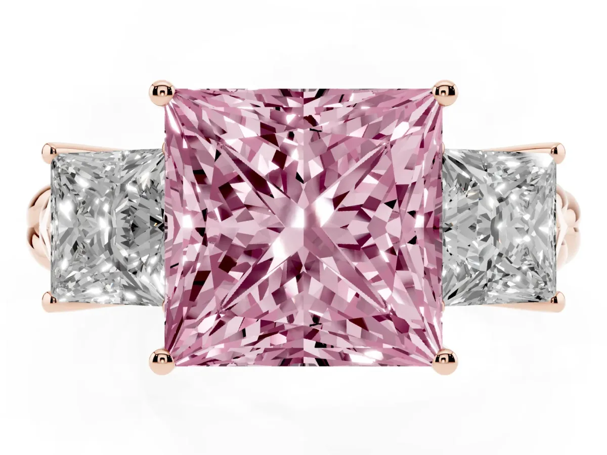 Fancy Pink Three-Stone Princess Cut Diamond Braided Band Ring with Four-Prong Setting Rose gold