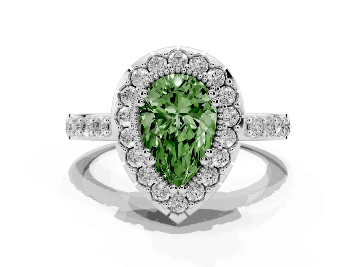 Fancy Green Pear Cut Diamond Halo Ring with Pavé Band and Prong Setting Silver