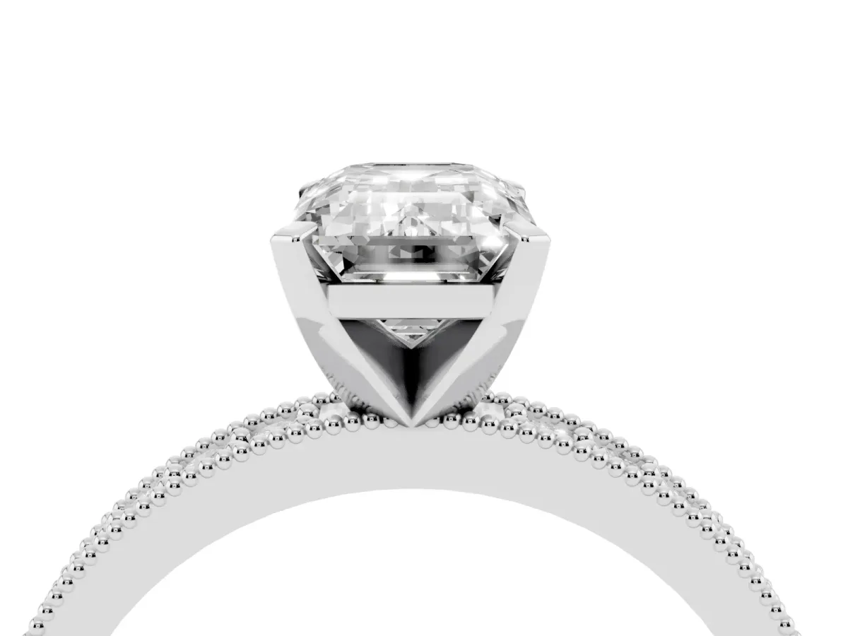 Emerald Cut Diamond Milgrain Pavé Engagement Ring with Four-Prong Setting Silver