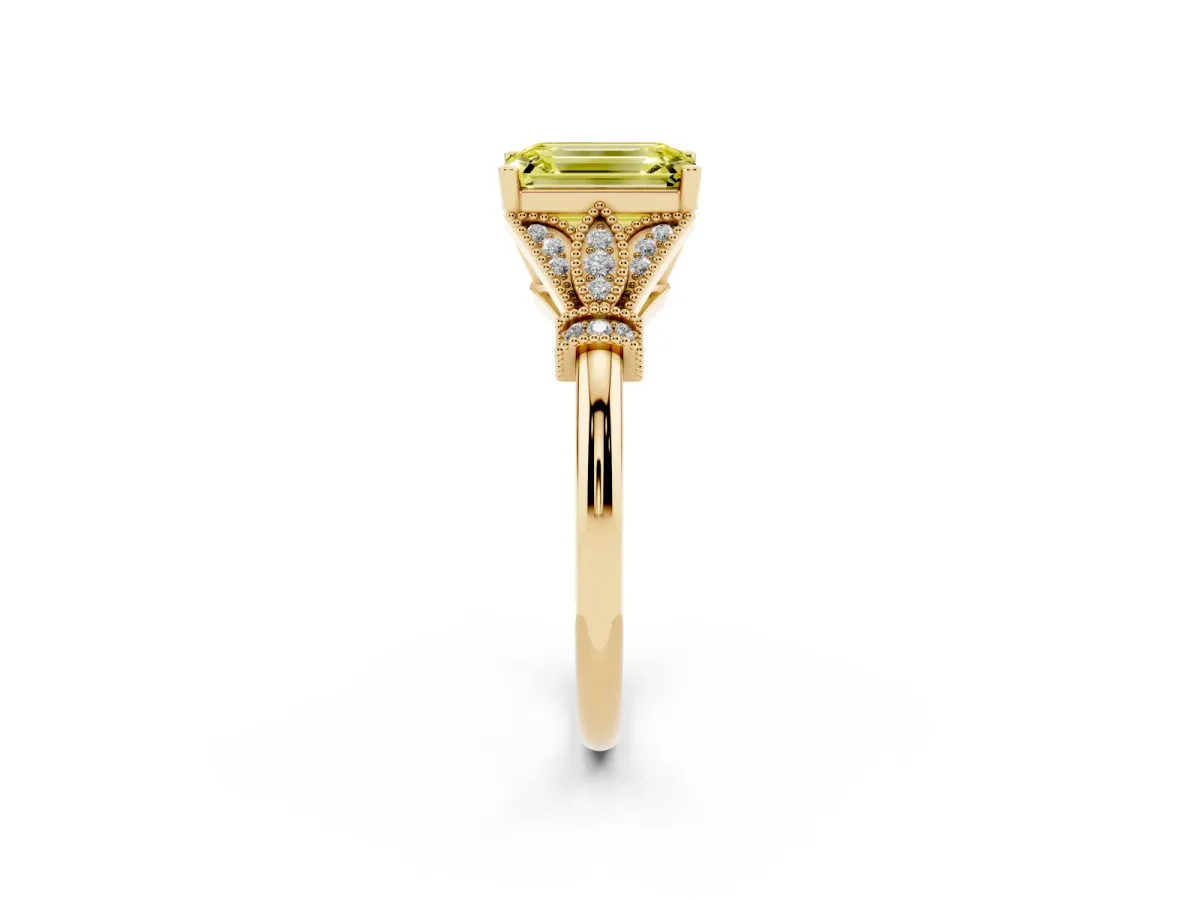 Fancy Yellow Emerald Cut Diamond Solitaire Ring with Floral Filigree and Pave Accents Yellow gold