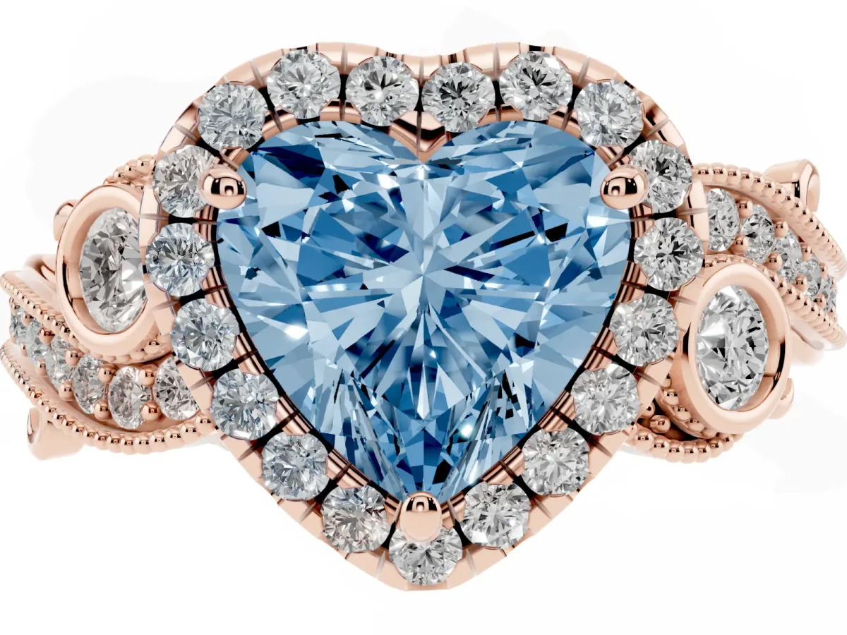 Fancy Blue Heart Cut Diamond Halo Ring with Milgrain Pavé Band and Four-Prong Setting Rose gold