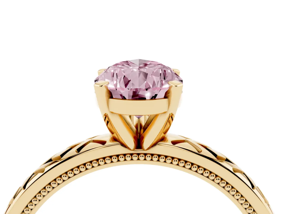 Fancy Pink Pear Cut Solitaire Diamond Ring with Milgrain and Black Enamel X Pattern Band Yellow gold