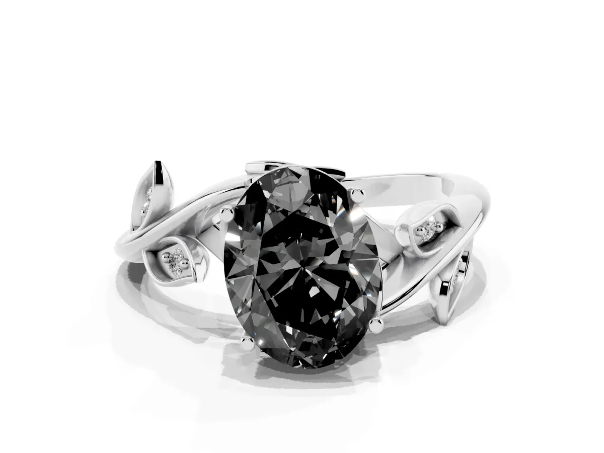 Fancy Black Oval Cut Solitaire Twist Engagement Ring with Leaf Accents and Prong Setting Silver
