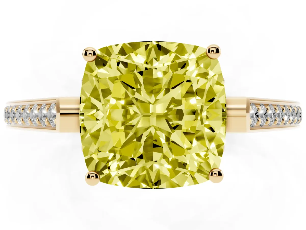 Fancy Yellow Cushion Cut Cut Cathedral Pave Diamond Engagement Ring with Six-Prong Setting Yellow gold