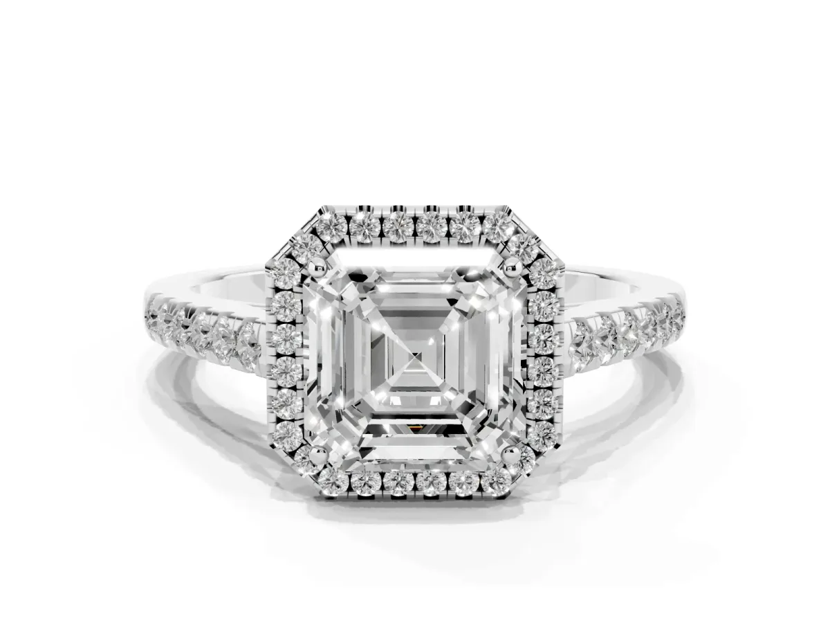 Asscher Cut Halo Pave Diamond Engagement Ring with Four-Prong Setting Silver