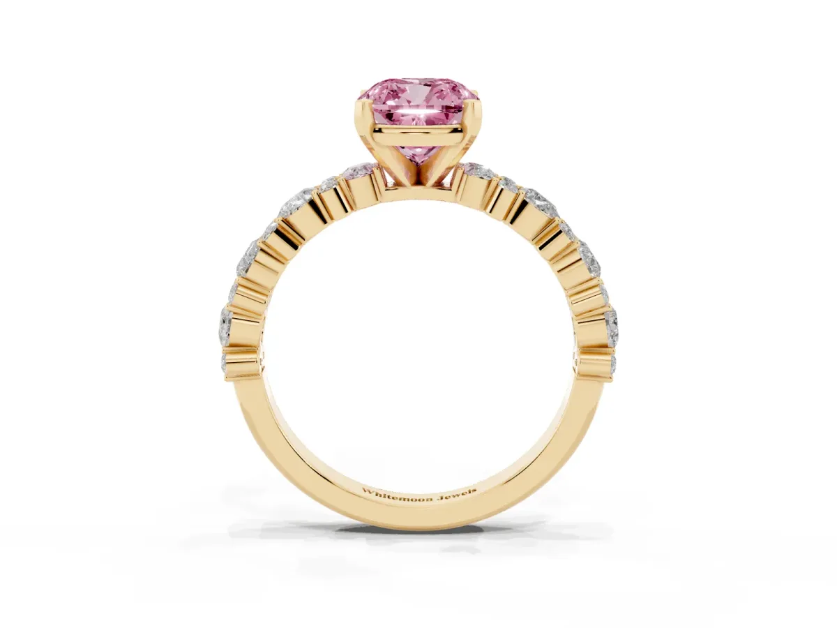Fancy Pink Cushion Cut Diamond Side Stone Solitaire Ring with Round and Four-Prong Setting Yellow gold