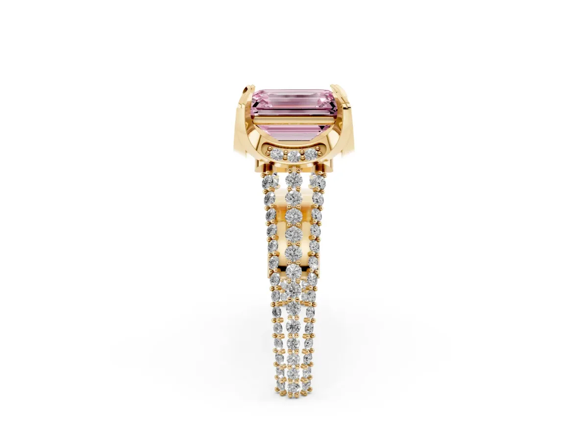 Fancy Pink Emerald Cut Solitaire Pave Split Shank Ring with Four-Prong Setting Yellow gold