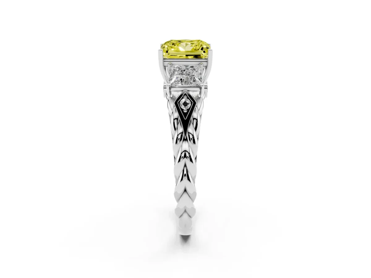 Fancy Yellow Three-Stone Princess Cut Diamond Braided Band Ring with Four-Prong Setting Silver