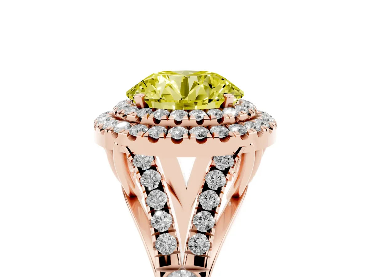 Fancy Yellow Round Cut Diamond Pavé Split Shank Double Halo Engagement Ring Rose gold