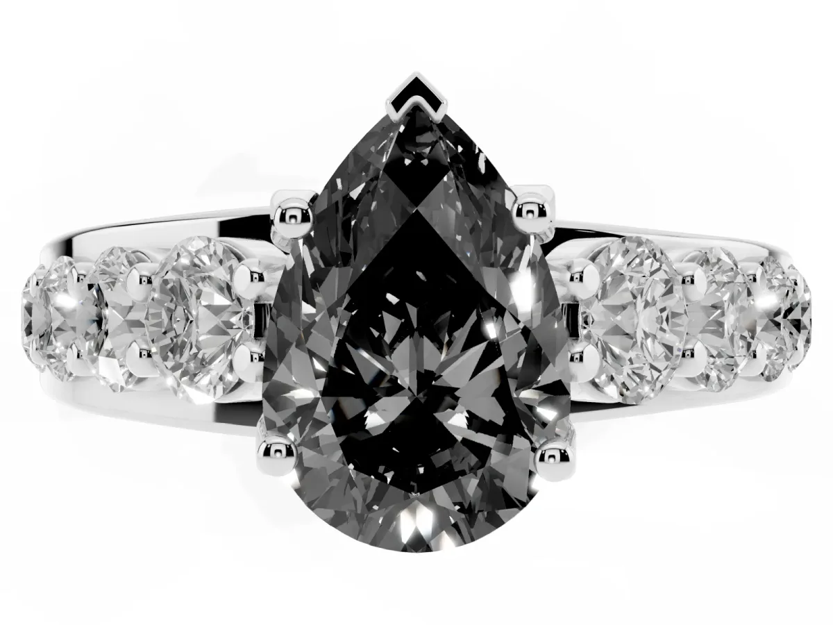 Fancy Black Pear Cut Diamond Engagement Ring with Pavé Band and Four-Prong Setting Silver