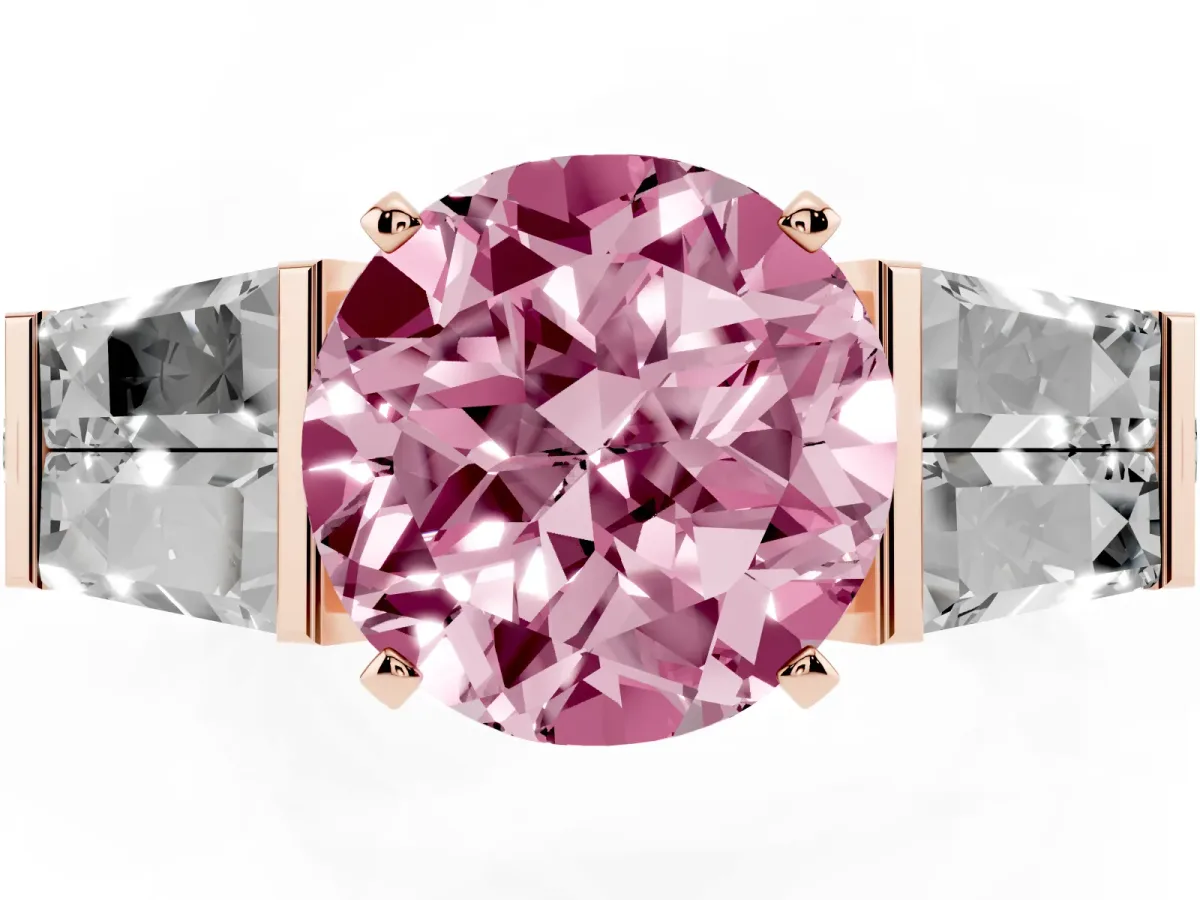 Fancy Pink Round Cut Diamond Engagement Ring with Baguette Side Stones and Channel Set Band Rose gold