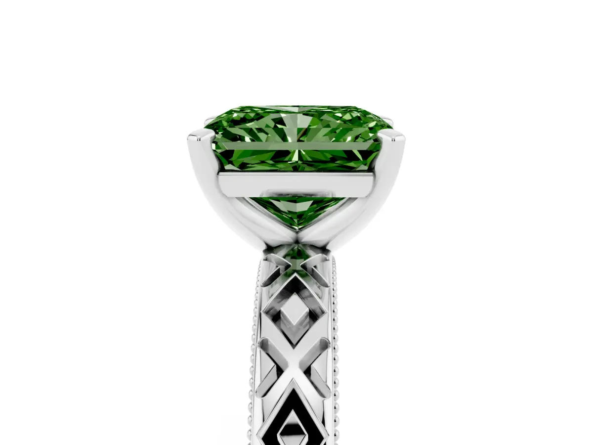 Fancy Green Radiant Cut Solitaire Diamond Ring with Milgrain and Black Enamel X Pattern Band Silver