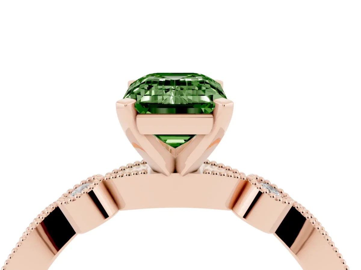 Fancy Green Emerald Cut Milgrain Bezel Diamond Engagement Ring with Solitaire Prong Setting Rose gold