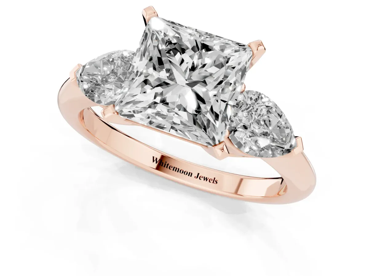 Three-Stone Princess Cut Diamond Ring with Pear Side Stones and Four-Prong Setting Rose gold