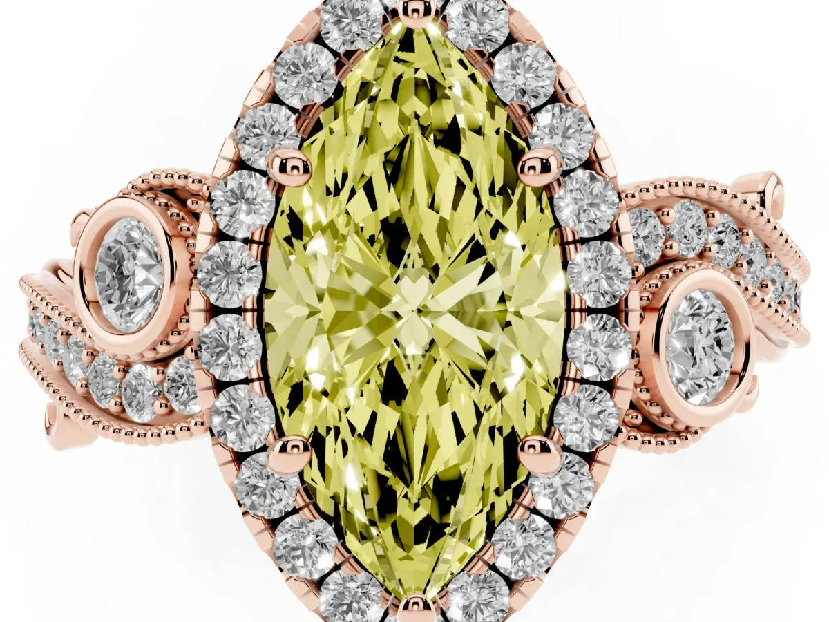 Fancy Yellow Marquise Cut Halo Diamond Ring with Milgrain and Bezel Accents on a Split Shank Band Rose gold