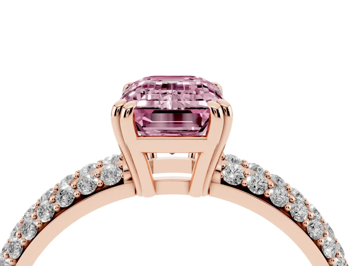Fancy Pink Emerald Cut Diamond Solitaire Ring with Multi-Row Round Pavé Band and Prong Setting Rose gold