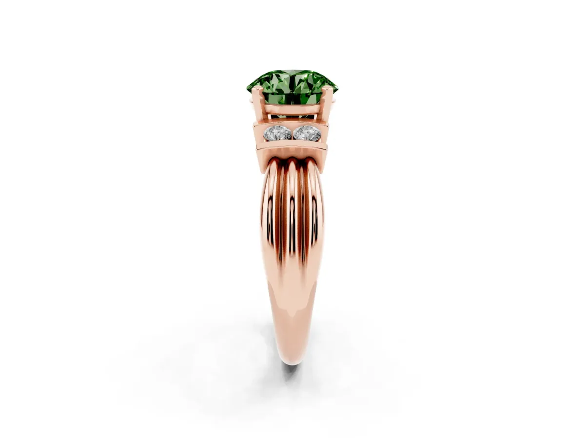 Fancy Green Round Cut Cut Three-Stone Channel Set Ring with Bar Prongs Rose gold