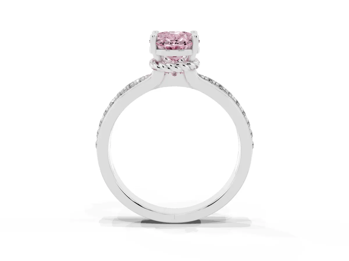 Fancy Pink Oval Cut Solitaire Diamond Ring with Channel Set Band and Six-Prong Setting Silver