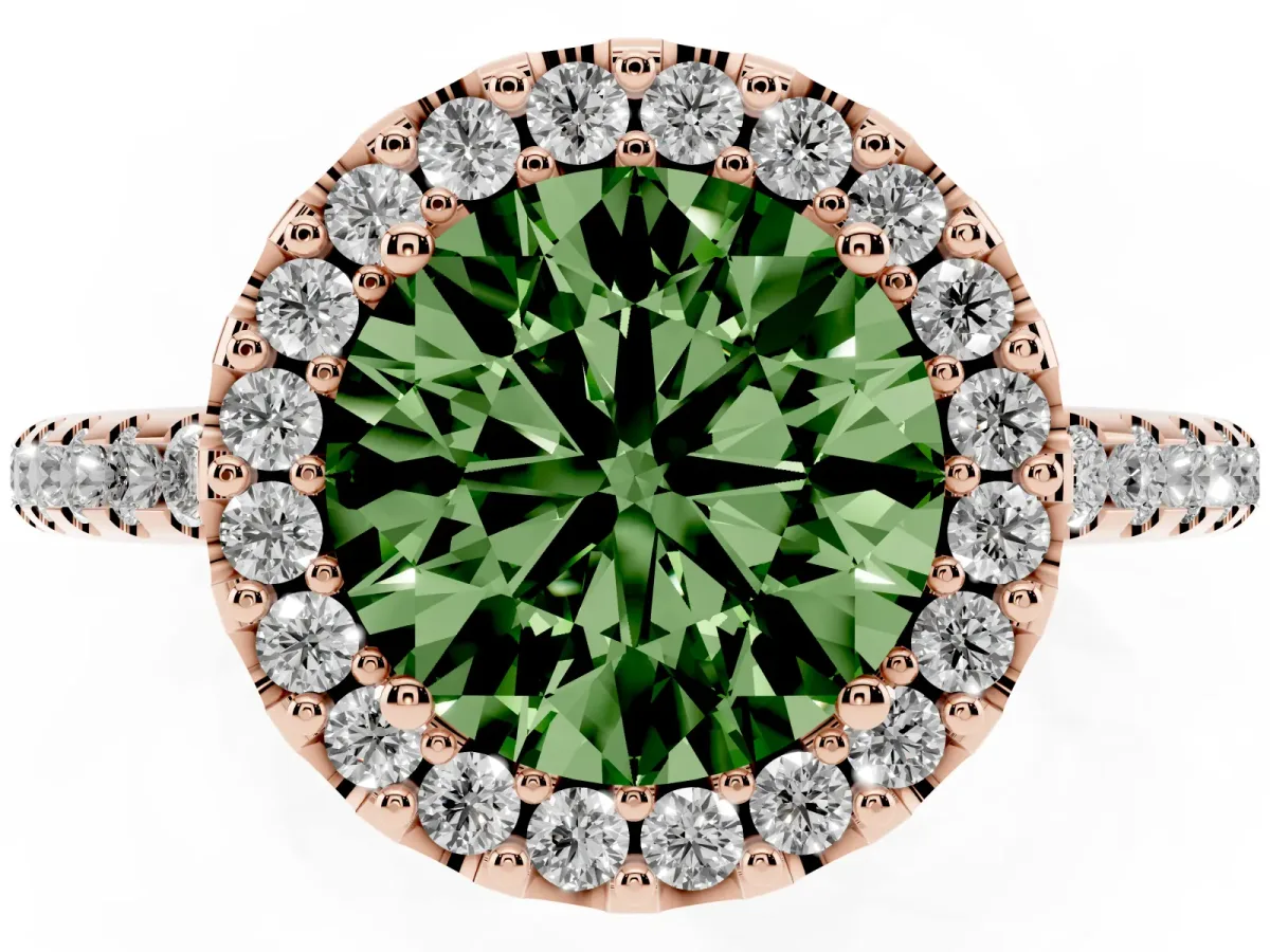 Fancy Green Round Cut Diamond Pavé Halo Ring with Four-Prong Setting Rose gold