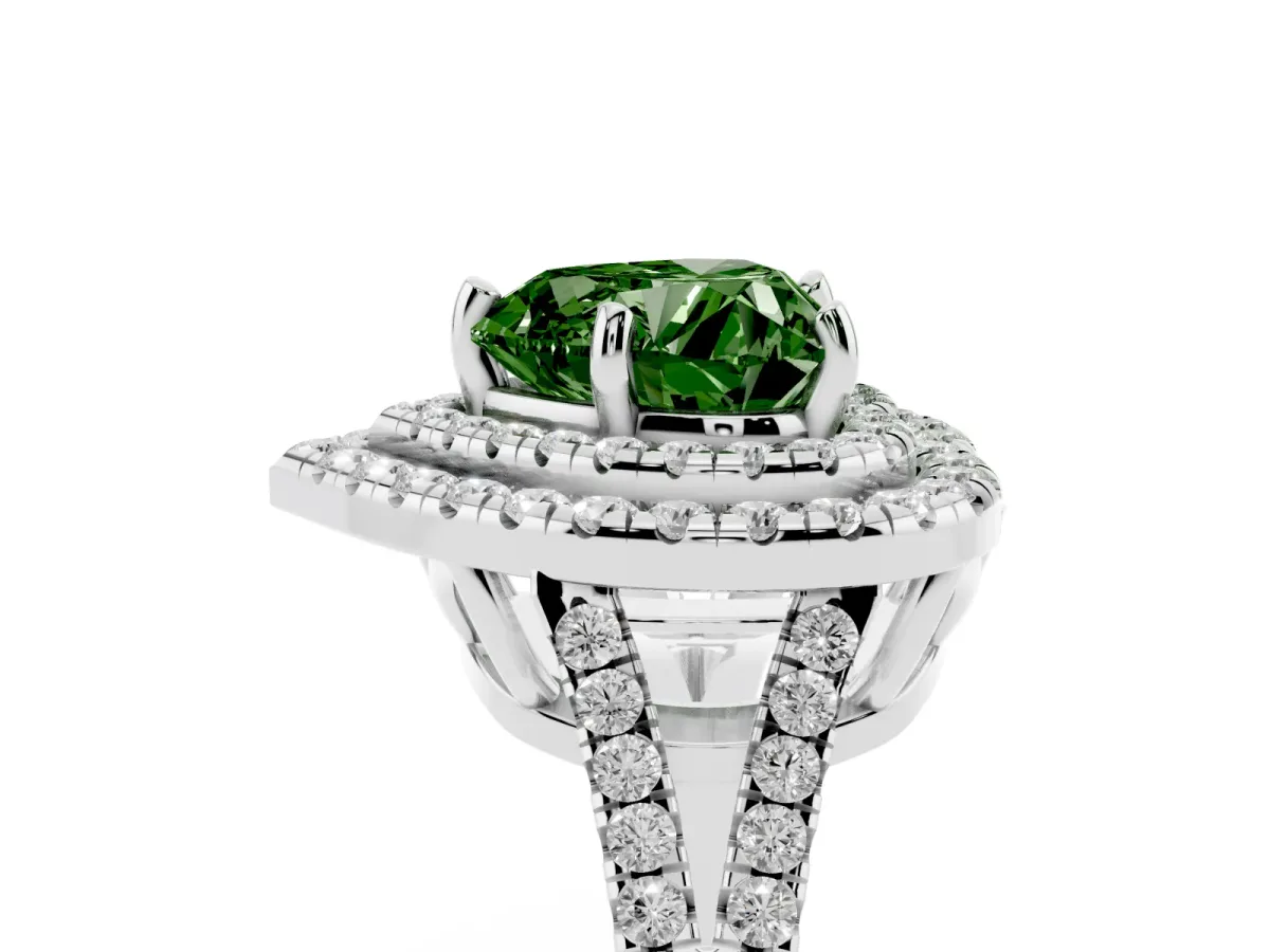 Fancy Green Heart Cut Diamond Double Halo Ring with Pavé Band and Prong Setting Silver