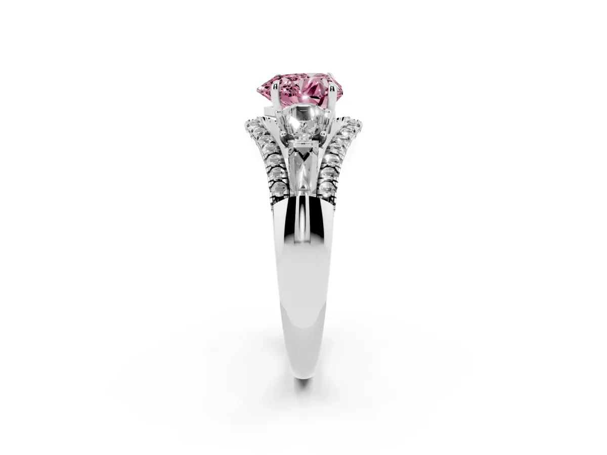 Fancy Pink Three-Stone Heart Cut Diamond Engagement Ring with Pave Band and Prong Setting Silver