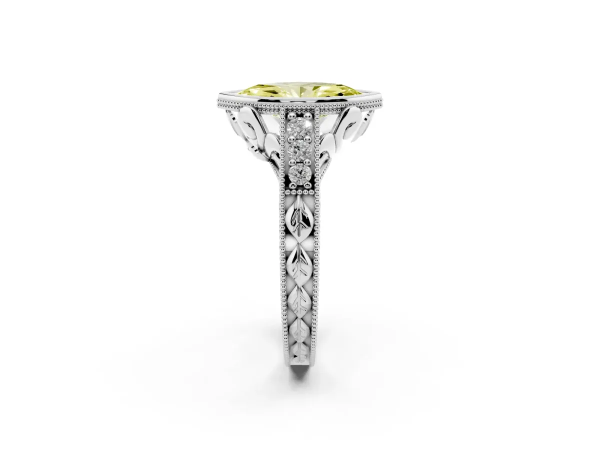 Fancy Yellow Bezel Set Marquise Cut Diamond Milgrain Pave Engagement Ring Silver