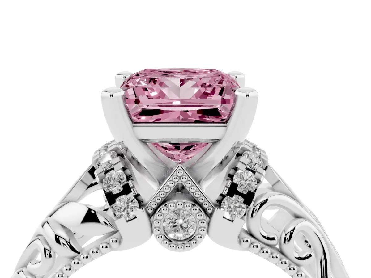 Fancy Pink Princess Cut Solitaire Filigree Engagement Ring with Halo and Prong Setting Platinum