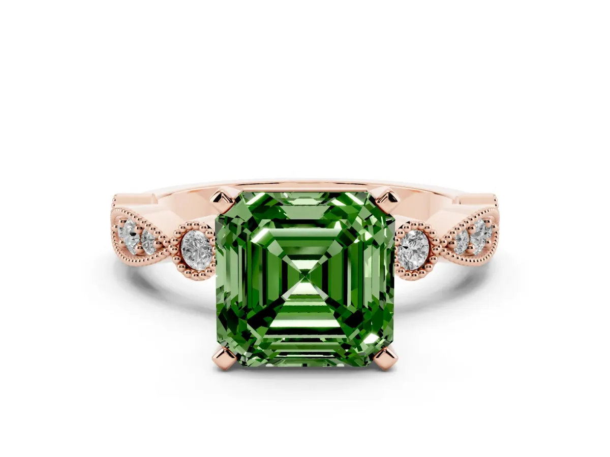 Fancy Green Asscher Cut Milgrain Bezel Diamond Engagement Ring with Solitaire Prong Setting Rose gold