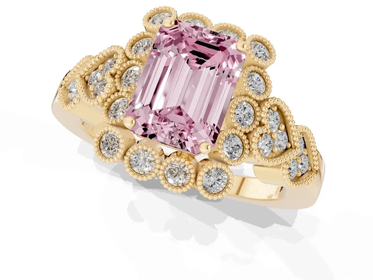 Fancy Pink Emerald Cut Brilliant Milgrain Pave Heart Band Solitaire Ring Yellow gold