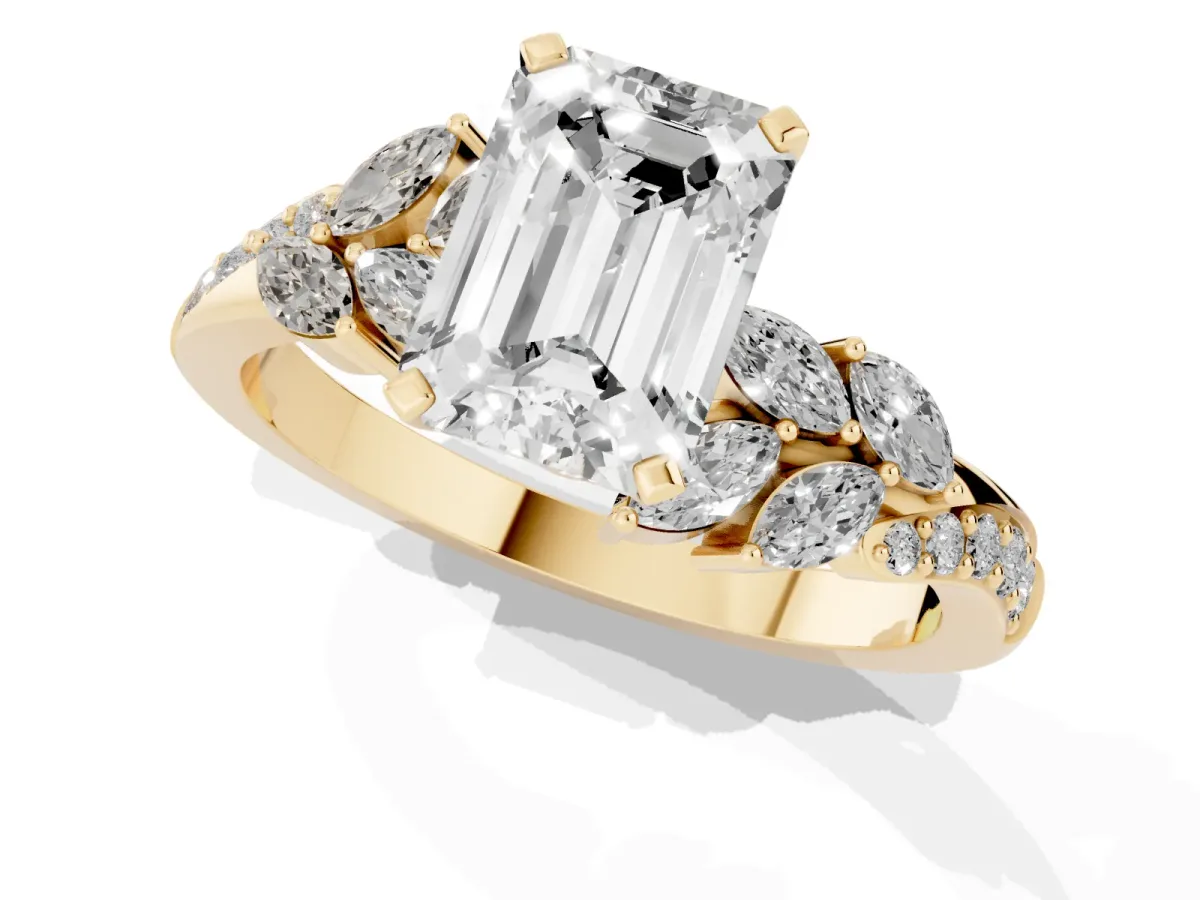 Emerald Cut Solitaire Marquise Twist Band with Six-Prong Setting Yellow gold