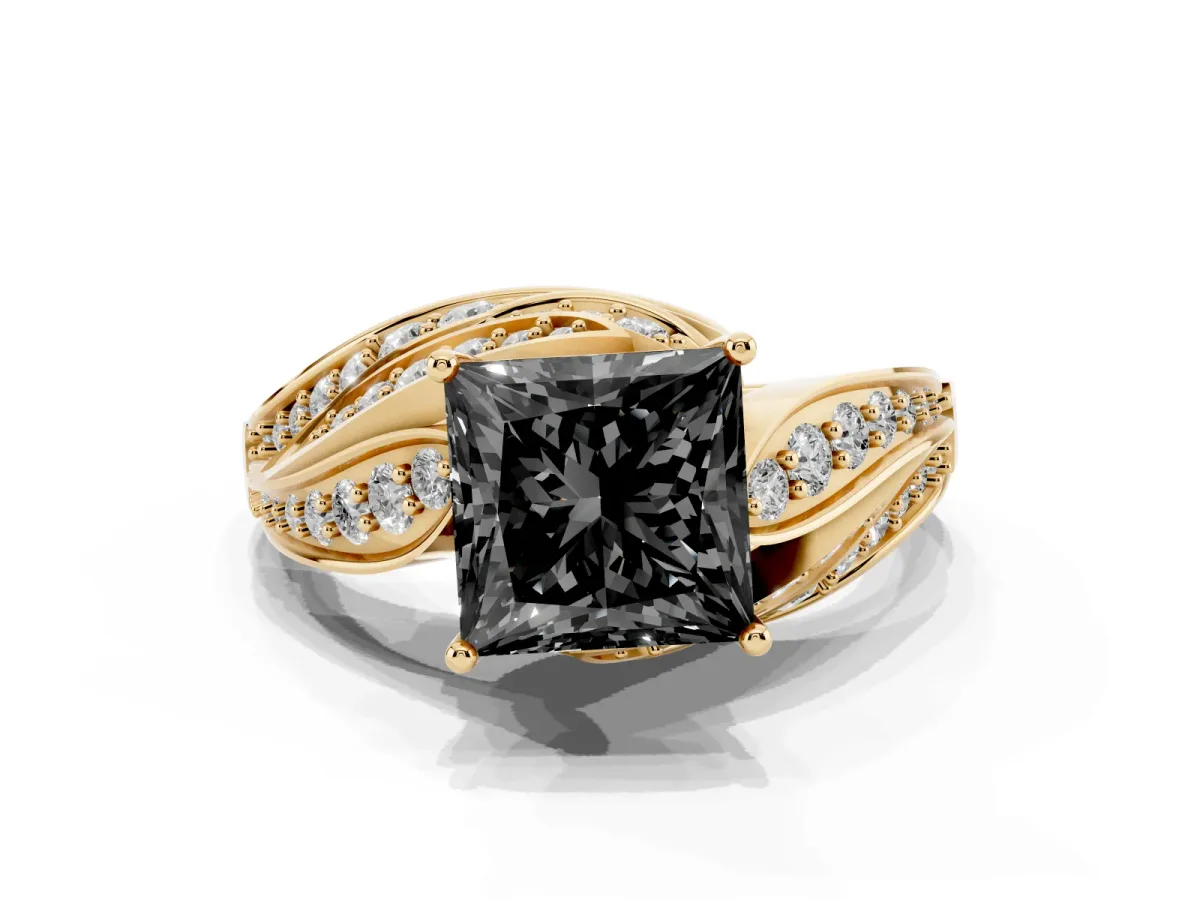 Fancy Black Princess Cut Diamond Solitaire Ring with Prong Setting and Twisted Pavé Band Yellow gold