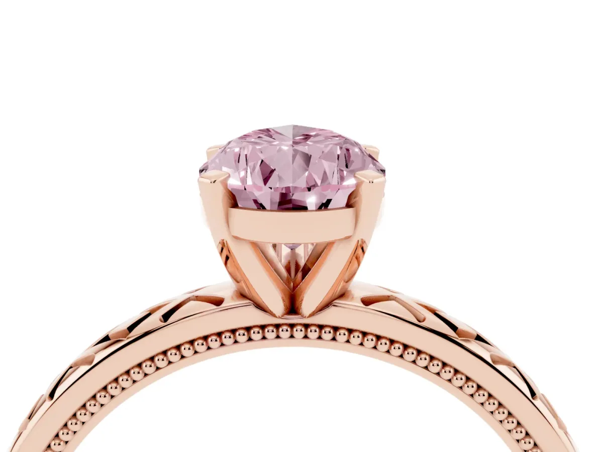 Fancy Pink Pear Cut Solitaire Diamond Ring with Milgrain and Black Enamel X Pattern Band Rose gold