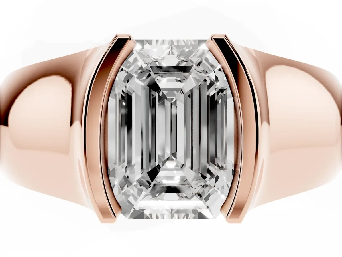 Emerald Cut Solitaire Bezel Set Diamond Ring with Wide Band Rose gold