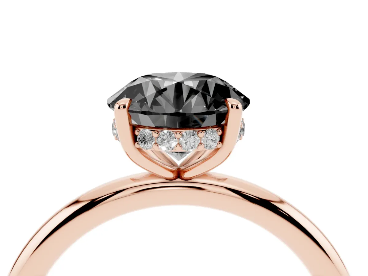 Fancy Black Round Cut Diamond Solitaire Ring with Thin Band and Four-Prong Setting Rose gold