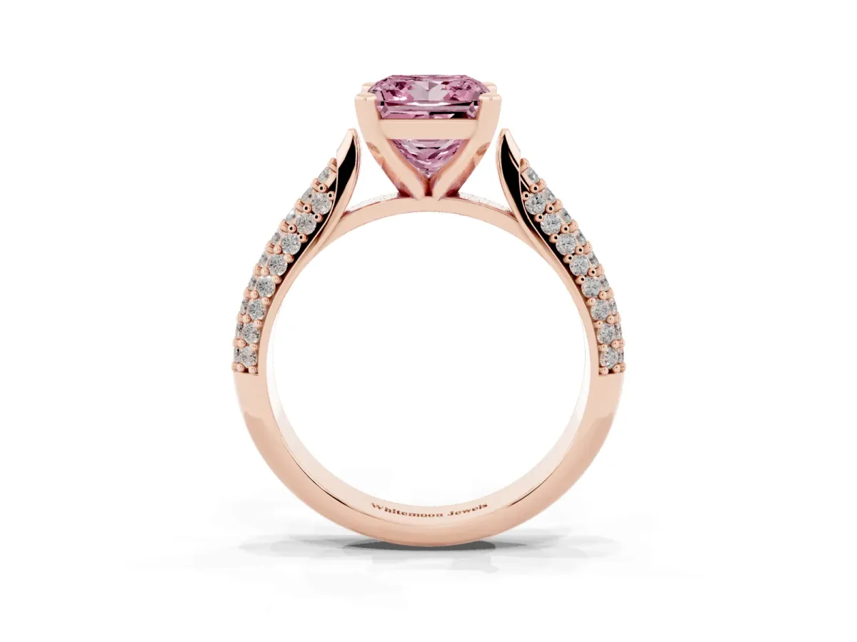 Fancy Pink Princess Cut Diamond Solitaire Engagement Ring with Multi-Row Round Pavé Band and Prong Setting Rose gold