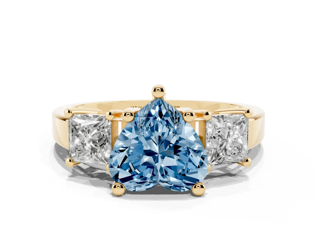 Fancy Blue Three-Stone Heart Cut Cut Solitaire Ring with Prong Setting Yellow gold