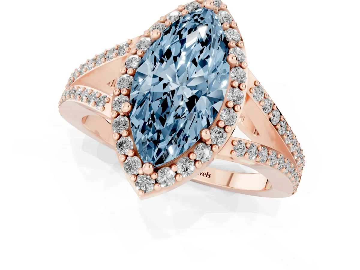 Fancy Blue Marquise Cut Halo Split Shank Pave Diamond Ring with Four-Prong Setting Rose gold