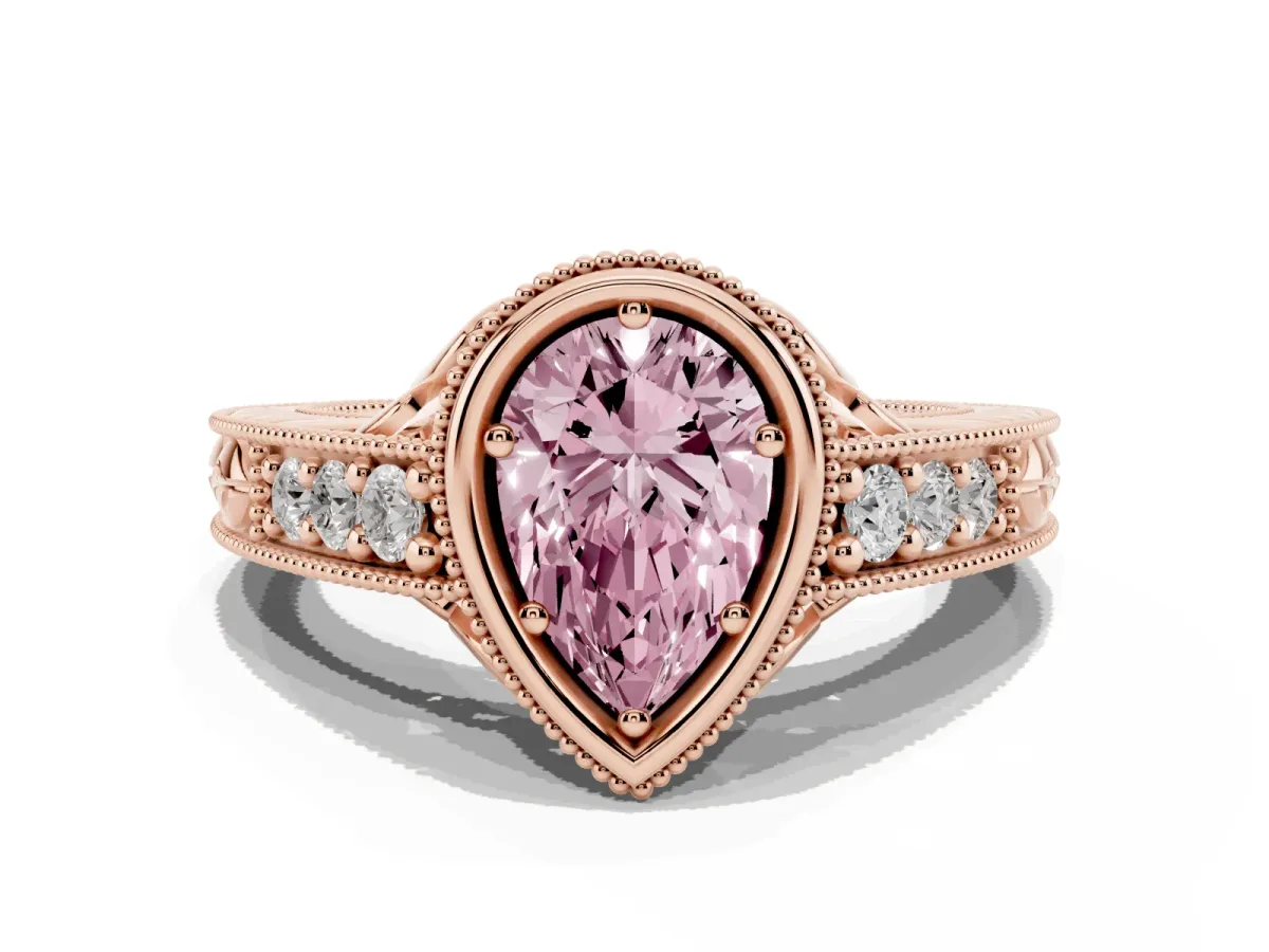 Fancy Pink Bezel Set Pear Cut Diamond Milgrain Pave Engagement Ring Rose gold
