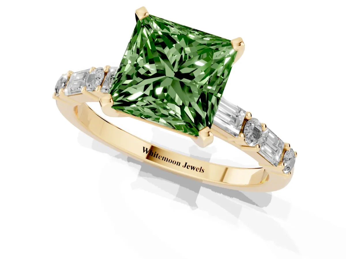 Fancy Green Princess Cut Diamond Solitaire with Side Baguettes and Channel Set Band Yellow gold
