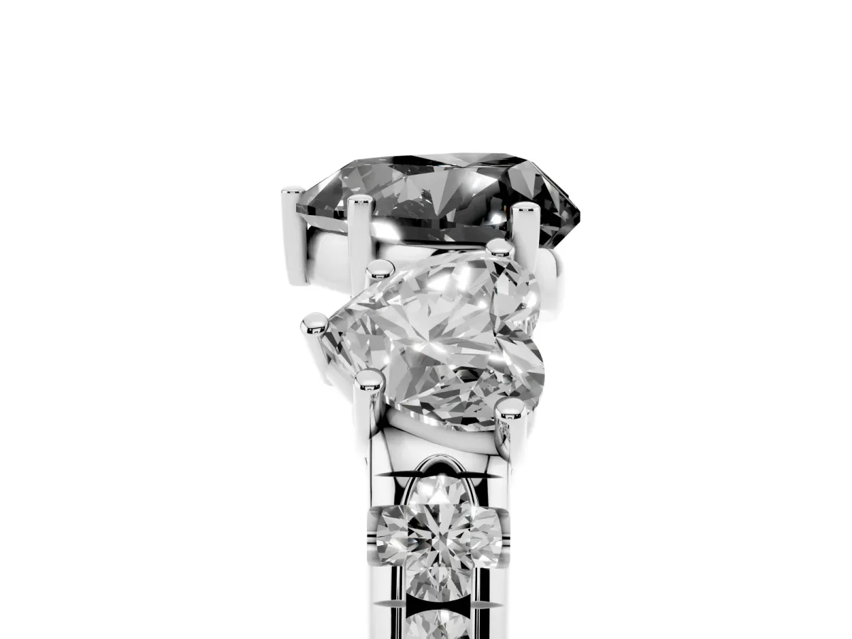 Fancy Black Three-Stone Heart Cut Diamond Pavé Band with Prong Setting Silver