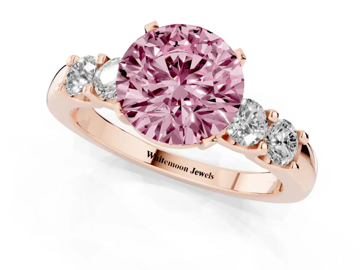Fancy Pink Round Cut Brilliant Cut Diamond Five-Stone Prong Set Engagement Ring with Channel Band Rose gold