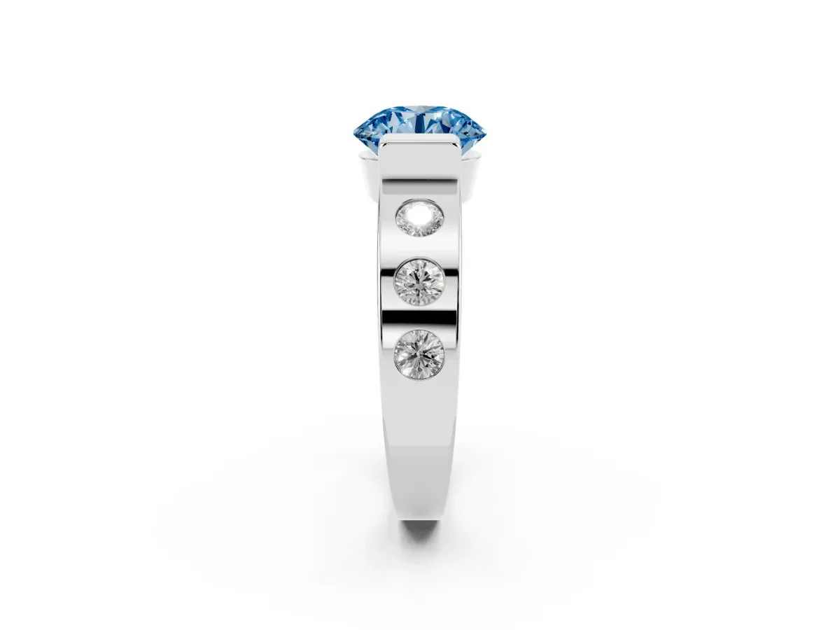 Fancy Blue Round Cut Brilliant Channel-Set Diamond Ring with Bezel Prong Setting Silver