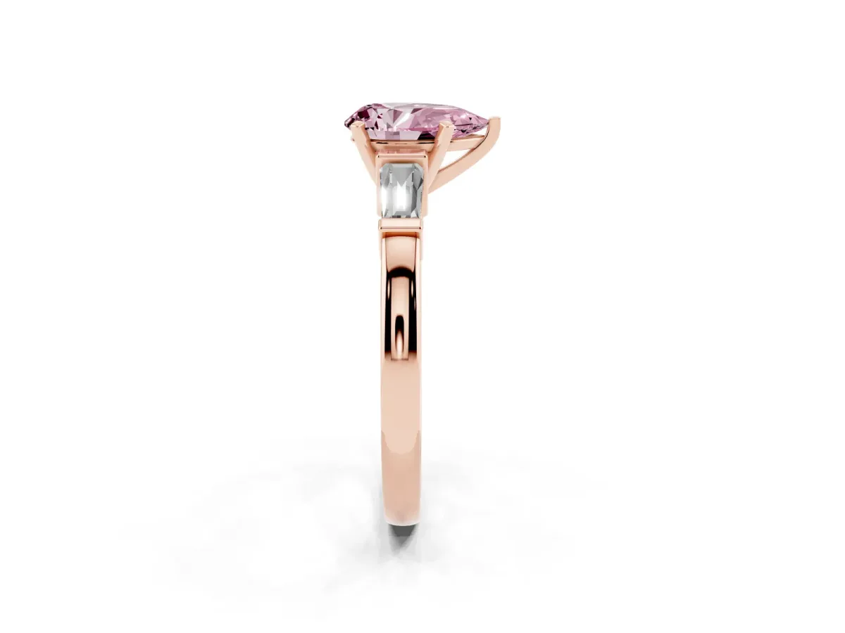 Fancy Pink Pear Cut Cut Diamond Solitaire Ring with Tapered Baguette Accents and Four-Prong Setting Rose gold