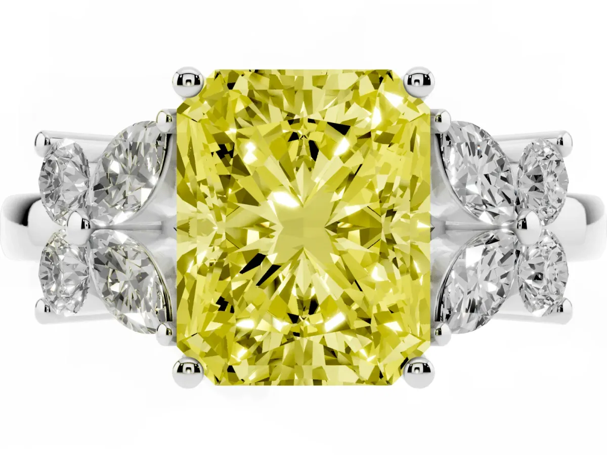 Fancy Yellow Radiant Cut Diamond Floral Cluster Ring with Solitaire Band and Prong Setting Silver